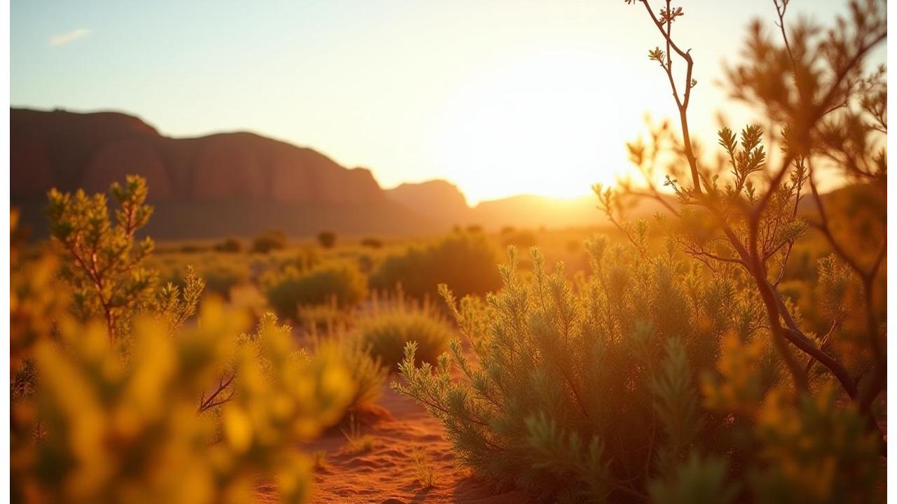 Indigenous Australian landscape with native bush foods in foreground representing Outback Edibles journey